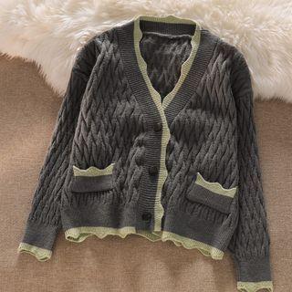 Long-sleeve Two-tone Cable-knit Cardigan