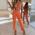 Set: Plain Ribbed Halter Cropped Top + Plain Ribbed High-waist Pants