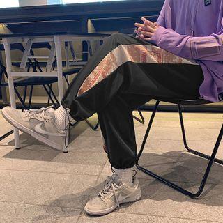 Pattern Panel Plain Drawstring Straight Cut Pants