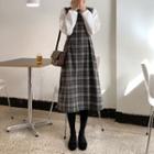 Inset Frilled-neck Blouse Plaid Midi Dress Charcoal Gray - One Size