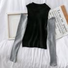 Cutout-shoulder Colorblock Knit Top Black - One Size