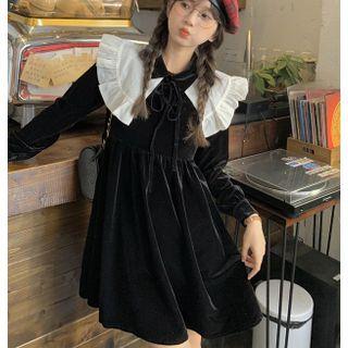 Long-sleeve Two-tone Frill Trim Velvet A-line Dress Black - One Size