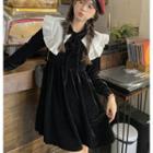 Long-sleeve Two-tone Frill Trim Velvet A-line Dress Black - One Size