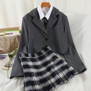Set: Blazer + Shirt + Plaid A-line Skirt