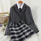Set: Blazer + Shirt + Plaid A-line Skirt