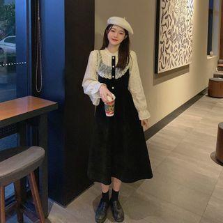 Bell-sleeve Lace Panel Corduroy Midi A-line Dress