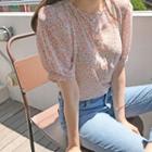 Puff-sleeve Floral Chiffon Blouse Ivory - One Size