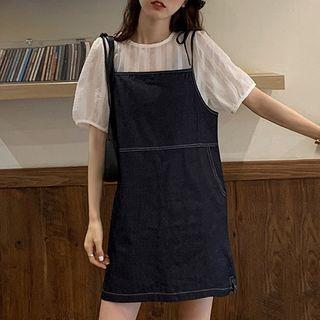 Short-sleeve Chiffon Blouse / Denim Pinafore Dress