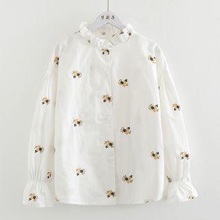 Flower Embroidered Lantern-sleeve Shirt White - One Size