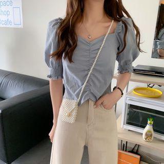 Puff-sleeve Plain Ruched Top