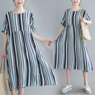 Short-sleeve Striped Midi A-line Dress Stripe - Black & Light Blue - One Size