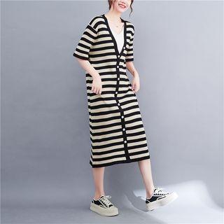 Short-sleeve Mock Two-piece Midi Shift Dress