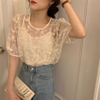 Short-sleeve Embroidered Lace Top + Plain Camisole Almond - One Size