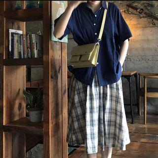 Open-placket Button Shirt / Plaid A-line Skirt