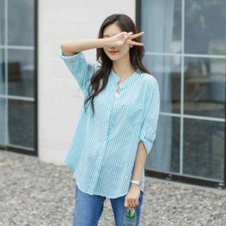 Mandarin-collar Loose-fit Striped Shirt