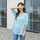 Mandarin-collar Loose-fit Striped Shirt