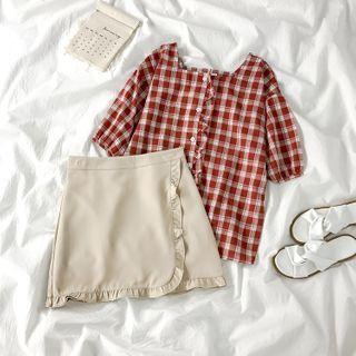 Short-sleeve Plaid Blouse / Mini A-line Skirt