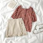 Short-sleeve Plaid Blouse / Mini A-line Skirt