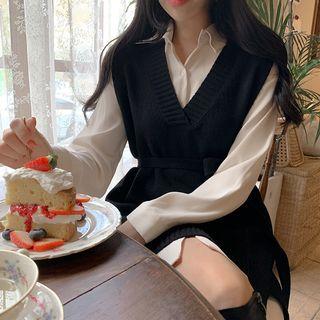 Long-sleeve Tie-waist Shirt Dress / Sleeveless Knit Vest