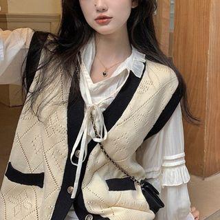 Long-sleeve Tie-neck Blouse / Button-up Vest