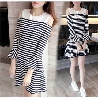 3/4-sleeve Cold Shoulder Striped A-line Mini Dress