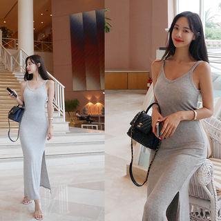 Slit-hem Ribbed Pinafore Dress