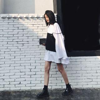 Set: Plain Long Sleeve T-shirt Dress + Faux Leather Camisole Top