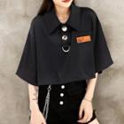 Elbow-sleeve Applique Cropped Polo Shirt Black - One Size