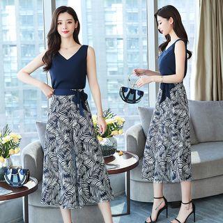 Set: Tank Top + Leaf Print Wide Leg Pants