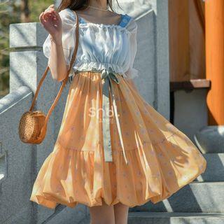 Short-sleeve Square-neck Crop Top / Spaghetti Strap A-line Dress
