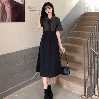 Short-sleeve Two-tone Collared Midi A-line Dress