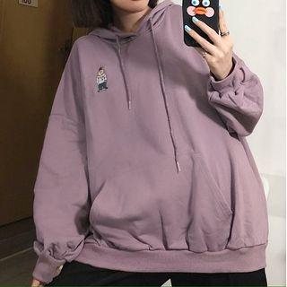 Drawstring Bear Embroidered Hoodie
