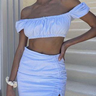 Set: Plaid Print Short-sleeve Crop Top + Plaid Print Mini A-line Skirt