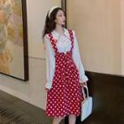 Long-sleeve Embroidered Shirt / Dotted Midi A-line Suspender Skirt