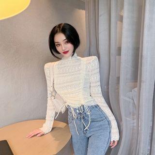 Turtleneck Drawstring Lace Long-sleeve Top