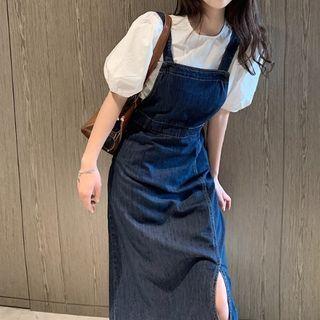 Puff-sleeve Plain Blouse / Split Denim Dress