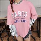 Mock Two Piece Striped Panel Lettering Pullover
