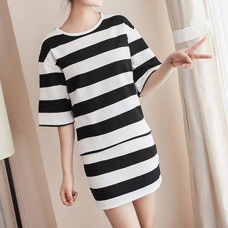 Set : Stripe Elbow-sleeve Top + Mini Skirt