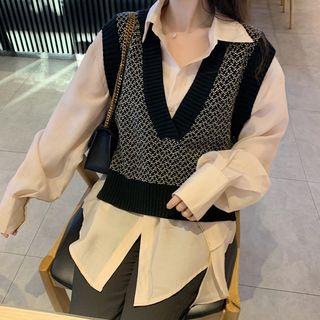 Set: Long-sleeve Loose-fit Shirt + V-neck Knit Vest