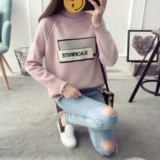 Letter Embroidered Mock Neck Sweater
