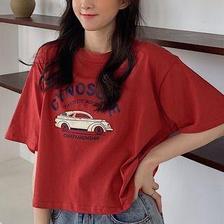 Lettering Car Print Cropped T-shirt
