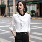Ruffle Elbow-sleeve Chiffon Blouse / Cropped Straight-fit Pants / Ruffle Hem Straight-fit Skirt