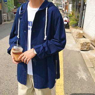 Printed Hooded Long Denim Jacket