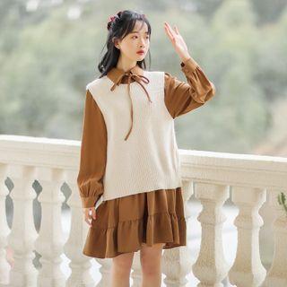 Set: Sweater Vest + Long-sleeve Shirt Dress