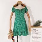 Floral Short-sleeve A-line Dress Green - One Size