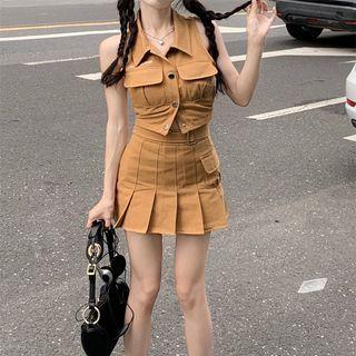 Halter-neck Letter Embroidered Button-up Top / Pleated A-line Skirt