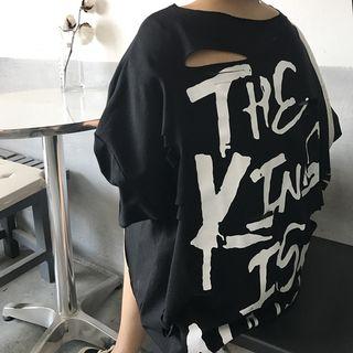 Distressed Print Loose-fit Long Top