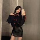 Off-shoulder Glitter Buttoned Sweater Black - One Size
