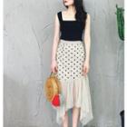 Square-neck Tank Top / Dotted Fitted Mesh Skirt