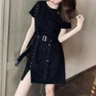 Short-sleeve Glitter Belted Mini T-shirt Dress